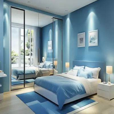 Contemporary Blue Master Bedroom Design With 2-Door Mirrored Sliding Wardrobe Design