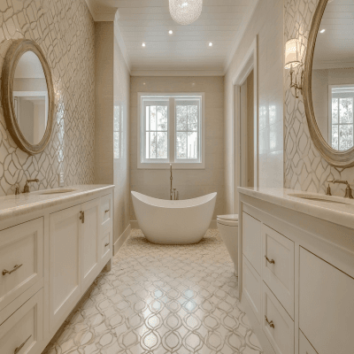 Transitional Geometric Ceramic Matte Bathroom Tile Design With Beige-White Hues