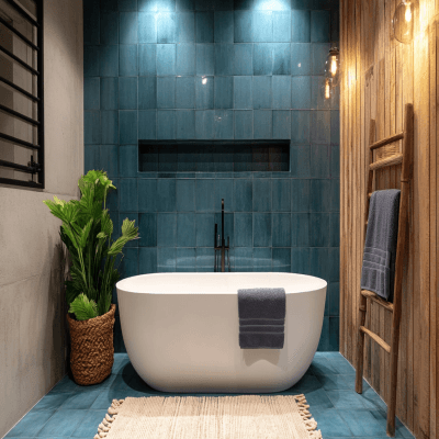 Porcelain Blue Matte Stacked Bathroom Tile Design