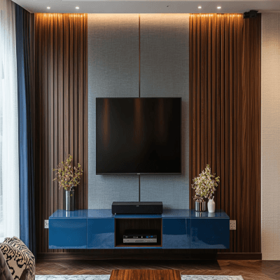 Modern Glossy Blue TV Unit Design With Grey Textured Wallpaper And Wooden Panelling