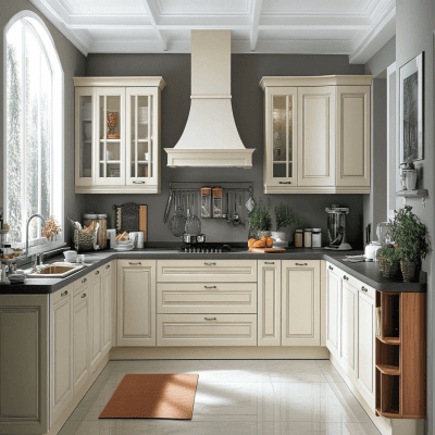 Modern Modular U Shaped Kitchen Design With Grey And Champagne Kitchen Cabinets