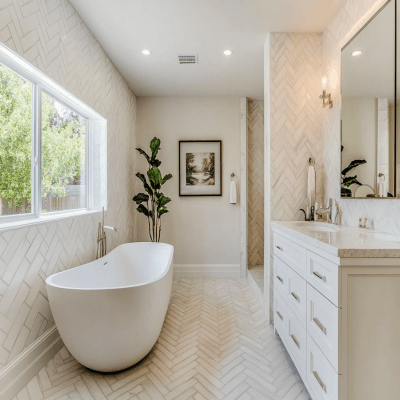 Ceramic Herringbone Satin Finish White Bathroom Tile Design