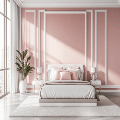 Mid-Century Modern Bedroom Wall Paint Design In Light Pink With White Wall Trims