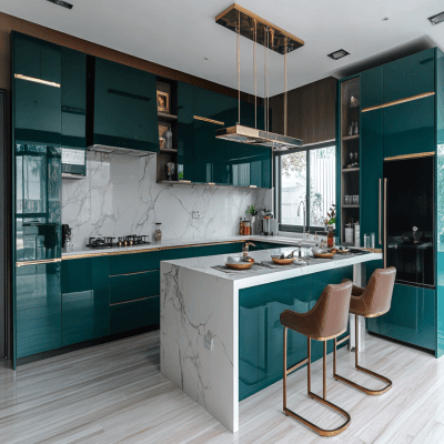 Modern Indian Sea-Green Kitchen Design With White Marble Kitchen Island