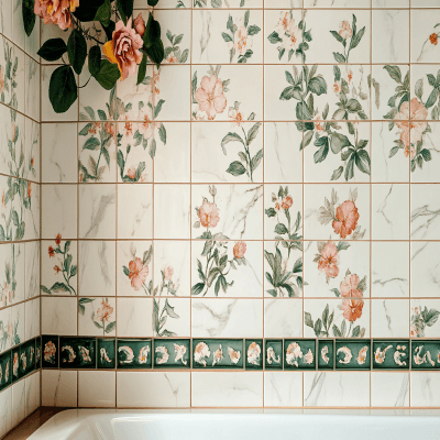 Vintage Semi-Glossy Marble And Floral Bathroom Tile Design