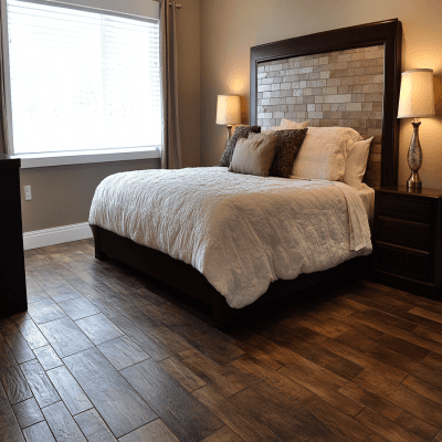 Dark Brown Bedroom Tile Design With A Wooden Finish