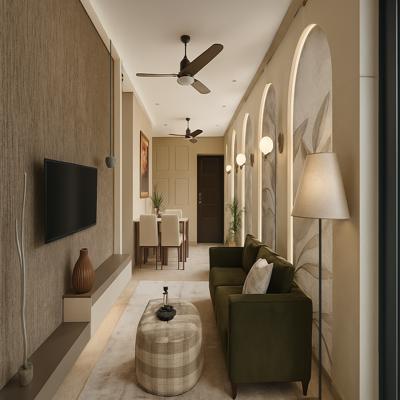 Long Living Room Design with Arched Wall Panels and Dining Extension