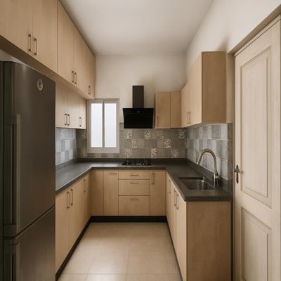Warm Wood U Shaped Kitchen with Patterned Tile Backsplash