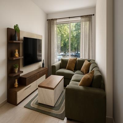 Compact Living Room Design with Corner Sofa and Wooden TV Unit