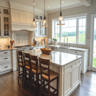 Shore and White Modern Island Kitchen Design With Cabinets