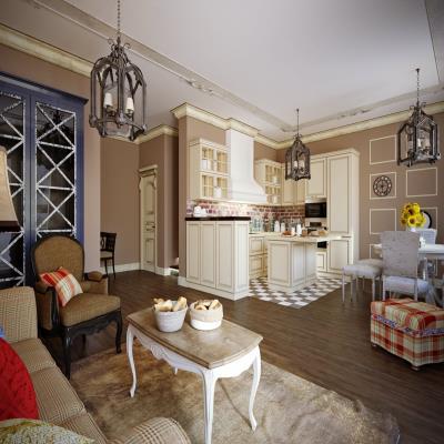 Traditional French-Country Living Room Design With Wooden Flooring And Chandeliars