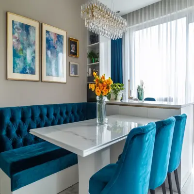Modern 3-Seater White Dining Room Design With L-Shaped Blue Velvet Seater
