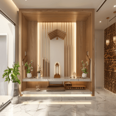 Contemporary Open Unit Floor-Mounted Mandir Design With Fluted Glass Partition