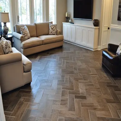 Matte Brown Floor Tiles Design With A Herringbone Pattern