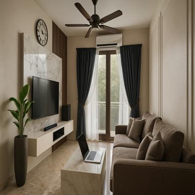 Compact Modern Beige Living Room Design with Marble TV Panel