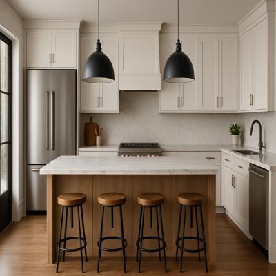 Contemporary White Island Kitchen with Wooden Breakfast Counter