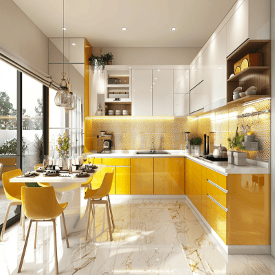 Modern Modular Open Kitchen Design With Champagne Toned And Marigold Yellow Kitchen Cabinets