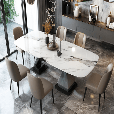 Contemporary 6-Seater White Marble Dining Room Design