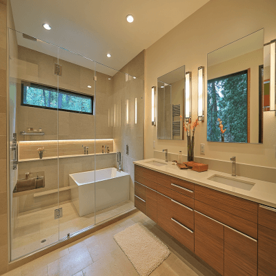 Modern Bathroom Design with Vanity Storage and Functional Glass Partition
