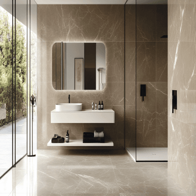 Contemporary Brown Ceramic Bathroom Tile Design With White Veining