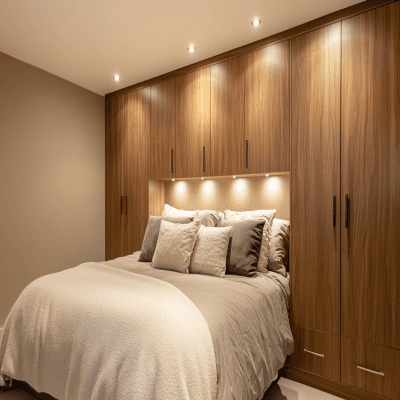 Scandinavian 6-Door Brown And Beige Swing Wardrobe Design With Integrated Bed