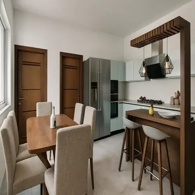 Large Wooden Finish Modern L Shaped Modular Kitchen Design with Dining Area