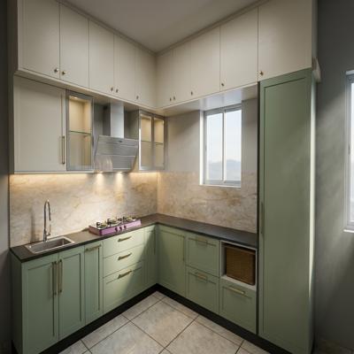 Soft Green L Shaped Kitchen with Marble Backsplash