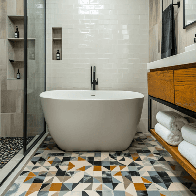 Ceramic Multicoloured Glossy Bathroom Tile Design With Geometric Patterns