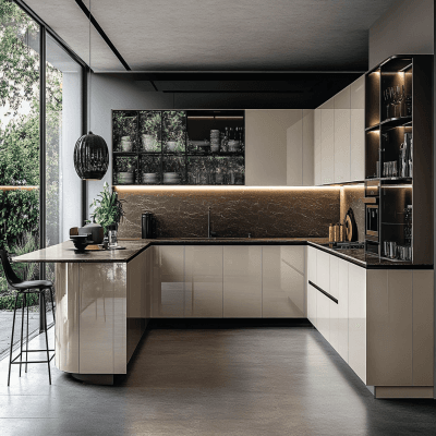 Contemporary Modular Beige U Shaped Kitchen Design With Glossy Finish