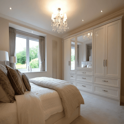 Contemporary 4-Door White And Sand Satin Swing Wardrobe Design With Drawer Storage