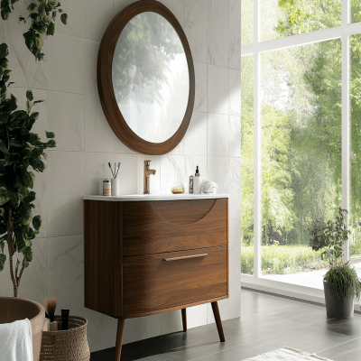 Mid Century Modern Bathroom Design With Oval Mirror and Vanity
