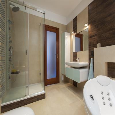 Stylish Bathroom Design with Ambient Lighting and Creative Doors