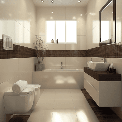 Modern White And Brown Bathroom Design With Wall-Mounted Beige Bathroom Cabinet