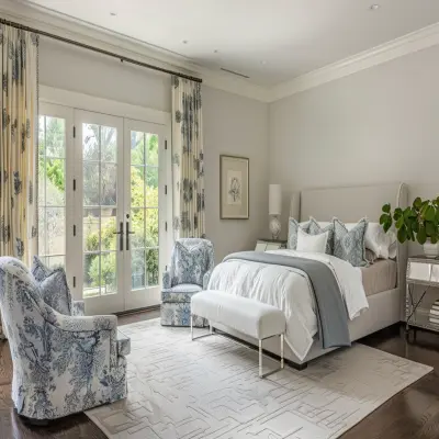 Minimal Master Bedroom Design With Blue Floral Accent Chair