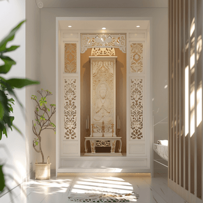 Modern Frosty White Floor-Mounted Pooja Room Design With Side Panels