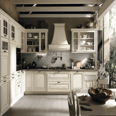 Classic Open Modular Kitchen Design With White Brick Backsplash
