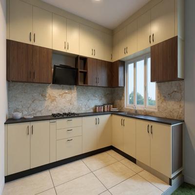 Contemporary Cream and Wood L Shaped Kitchen with Marble Backsplash