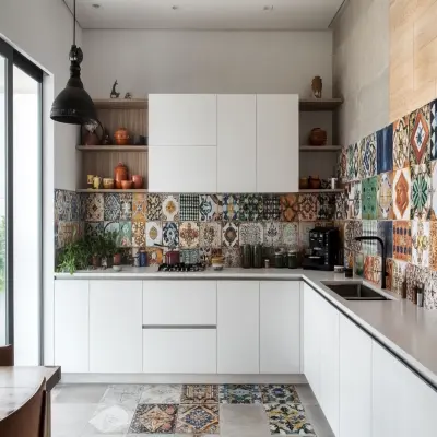 Contemporary White Modular L-Shape Kitchen Design With Multicoloured Moroccan Tiles