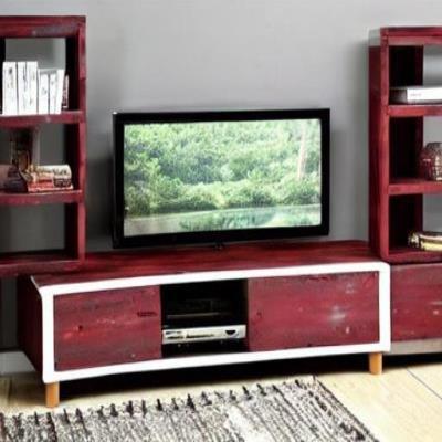 Rustic TV Unit Design in Maroon Laminate and Wooden Floor