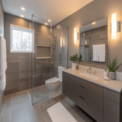 Matt Contemporary Porcelain Bathroom Tile Design In Brown And Grey