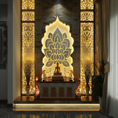 Modern Mandir Unit Design With LED Wall And Lotus Motifs