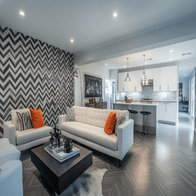 Modern Grey and White Chevron Backsplash Tiles Design
