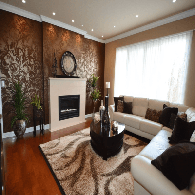 Contemporary Cream And Brown Living Room Wall Design With Textured Wallpaper