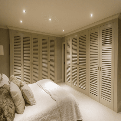 Contemporary 8-Door Glass Shutter Wardrobe Design With L-Shaped Layout