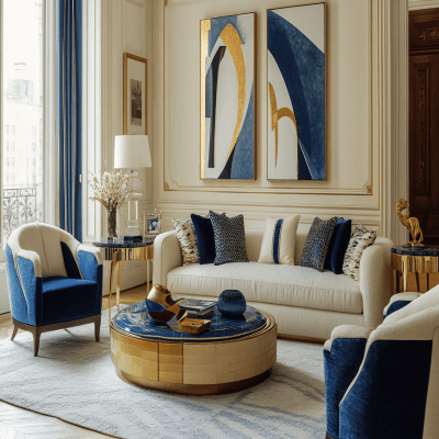 Contemporary Cream And Blue Living Room Design With Cream-Toned Walls And Gold Inlays