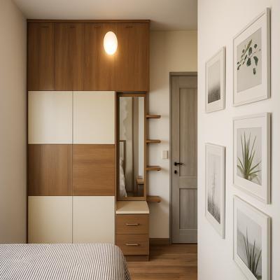 Warm Wood Sliding Wardrobe with Mirror  Open Shelves