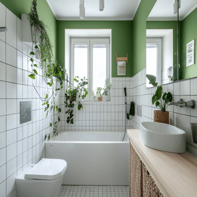 Scandinavian Bathroom Design with White and Green Tiles