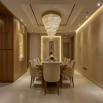 Contemporary 4-Seater Wood And Beige Dining Room Design With Ornamental Chandelier