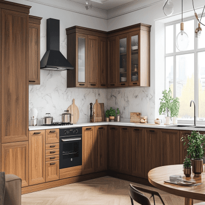 Classic L-Shape Modular Kitchen Design With Dark Oak Kitchen Cabinets