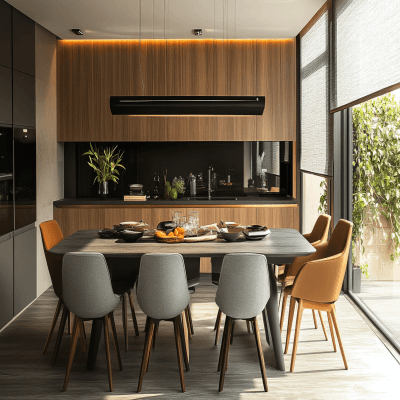 Contemporary Dining Room Design With Wood And Grey Dining Table